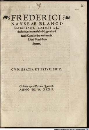 Frederici Navseae Blancicampiani ... Libri Mirabilium Septem