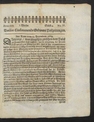 Anno 1665. I. Woche. Stück 4. No. IV.