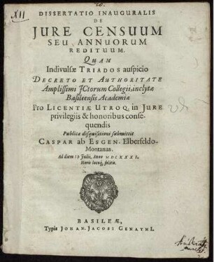 Dissertatio Inauguralis De Iure Censuum Seu Annuorum Redituum