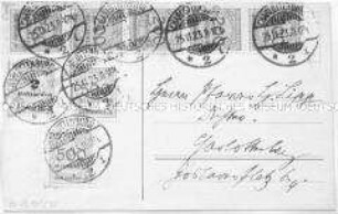 Postkarte von Theodor Kappstein an Herbert Lipp mit zahlreichen Briefmarken der Inflationszeit