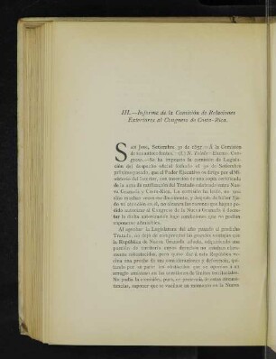 III. - Informe de la Comisión de relaciones Exteriores al Congreso de Costa-Rica.