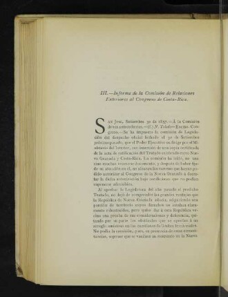 III. - Informe de la Comisión de relaciones Exteriores al Congreso de Costa-Rica.