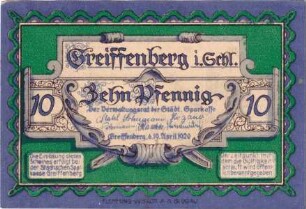 Notgeld der Stadt Greiffenberg in Schlesien