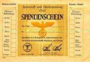 Spendenschein der Spinnstoff- und Schuhsammlung 1943 (blanko)