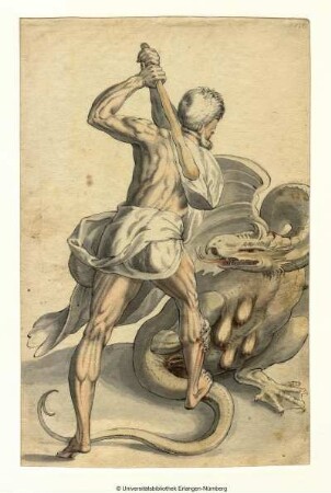 Herkules, in Rückansicht, bekämpft mit erhobener Keule die Hydra