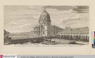Vüe du frontispice de Dome de l'Eglise, et d'une partie des Batiments de l'hotel Royal des Invalides