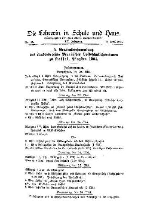 5. Generalversammlung des Landesvereins Preußischer Volksschullehrerinnen zu Kassel, Pfingsten 1904