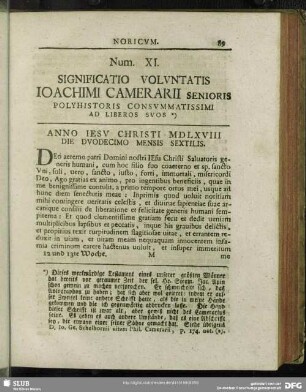 Num. XI. Significatio Voluntatis Joachimi Camerarii Senioris Polyhistoris Consummatissimi Ad Liberos Suos