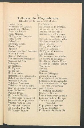[Publicidad] Libros de payadores editados por la casa á 5,00 el cien