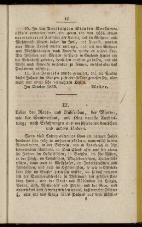 III. Ueber den Raps- und Rübsenbau, der Winter-, wie der Sommersaat, und seine neueste Ausbreitung; nach Erfahrungen aus verschiedenen deutschen und andern Ländern