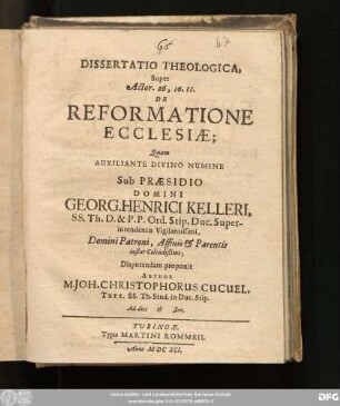 Dissertatio Theologica, Super Actor. 26, 10. 11. De Reformatione Ecclesiae