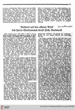 N.F. 6.1926 S. 79-80: Antwort auf den offenen Brief des Herrn Studienrates Ernst Fritz, Dortmund