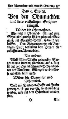 Das 5. Capitel. Von den Ohnmachten und dero vielfältigen Beschwerungen.