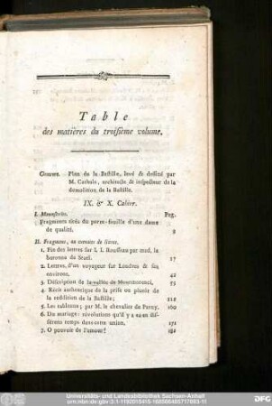 Table des matières du troisième volume.