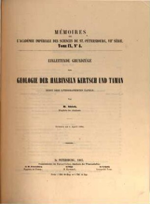Einleitende Grundzüge der Geologie der Halbinseln Kertsch und Taman : nebst drei lithographischen Tafeln
