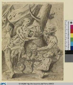 Nymphe, Satyr und ein Knabe beim Mahle