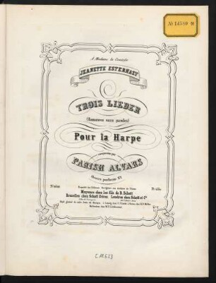 Trois Lieder : (romances sans paroles) : pour la harpe : oeuvre posthume n°. 1