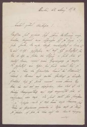 Schreiben von Moritz Ellstätter, Berlin, an seine Frau Marie: - Privates - Diners bei [Rudolf von] Delbrück, Scheele, [Louis Frédéric Jacques] Ravené - Kontakte zu Frau Höber, Freys u. a. - Nachrichten über eine bevorstehende Ordensverleihung an ihn selbst - Reisepläne