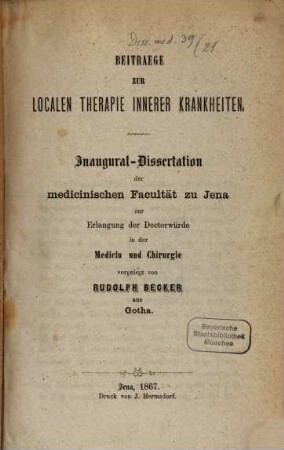 Beiträge zur localen Therapie innerer Krankheiten