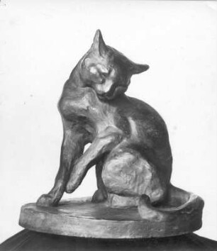 Schuldbewußte Katze. Bronze; 56 x 42 cm (vor 1945; E. Richter). Dresden-Südvorstadt, Eisenstuckstraße, Atelier der Künstlerin
