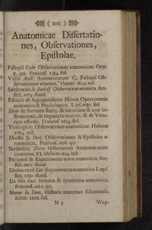 Anatomicae Dissertationes, Observationes, Epistolae.