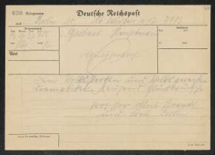 Brief von Alois Brandl und Jula Brandl an Gerhart Hauptmann