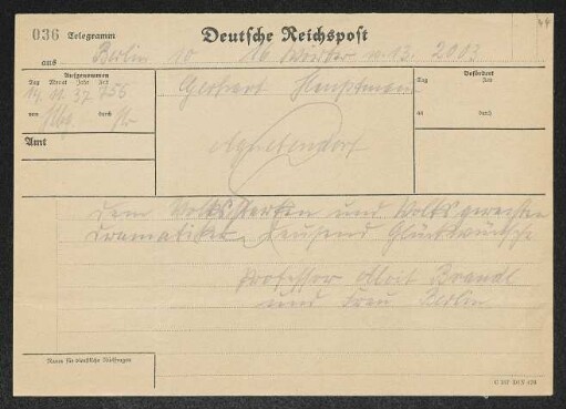 Brief von Alois Brandl und Jula Brandl an Gerhart Hauptmann