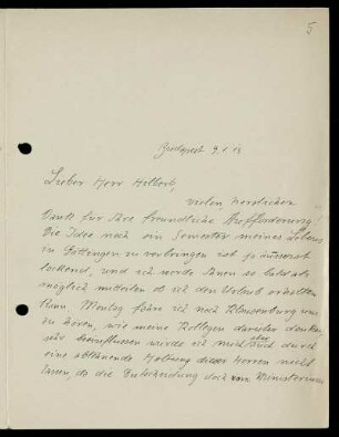 Nr. 5: Brief von Alfred Haar an David Hilbert, Budapest, 9.1.1913