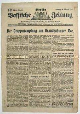 Tageszeitung "Vossische Zeitung" zum Eintreffen der demobilisierten deutschen Truppen in Berlin