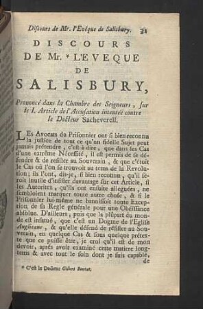 Discours de Mr. l'Evéque de Salisbury