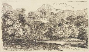 Landschaft mit antiken Ruinen und Staffagefiguren