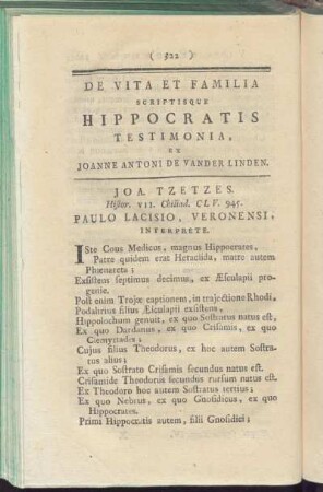 De Vita Et Familia Scriptisque Hippocratis Testimonia