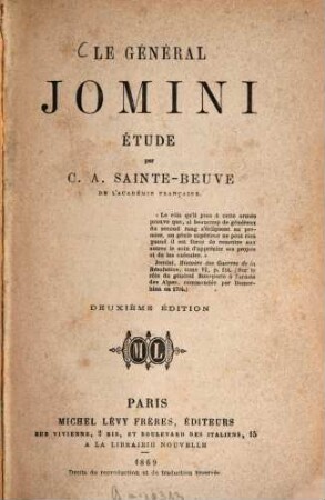 Le général [Henri] Jomini : Etude par C. A. Sainte-Beuve