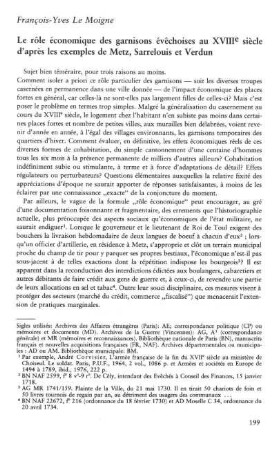 Le rôle économique des garnisons évêchoises au XVIIIᵉ siècle d'après les exemples de Metz, Sarrelouis et Verdun