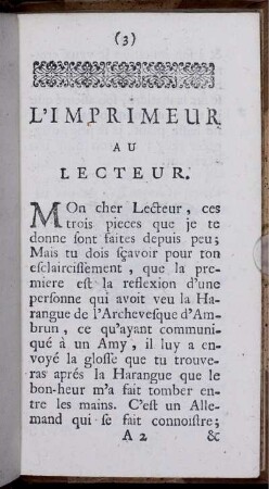 L'imprimeur au lecteur [und] Avis