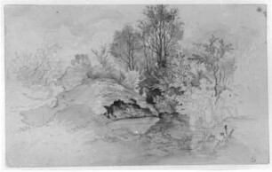 Wäsche am Waldteich : Wäsche am Waldteich. Zeichnung, aquarelliert; 13,5 x 22 cm (vor 1905; E. Leonhardi). Freiberg: Stadt- und Bergbaumuseum 61/13