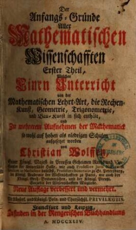 Die Anfangsgründe aller Mathematischen Wissenschaften, 1