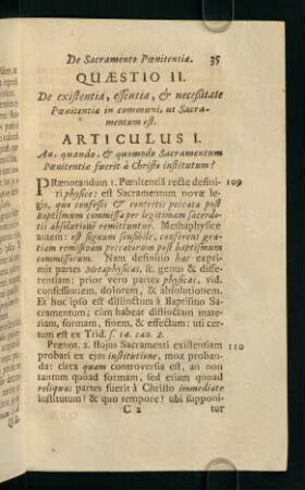 35-51, Quaestio II. De existentia, essentia, & neceßitate Poenitentia in communi, ut Sacramentum est
