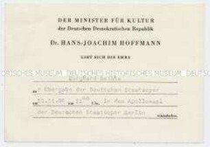 Einladungskarte des Ministers für Kultur der DDR zur Übergabe der Deutschen Staatsoper - Familienkonvolut