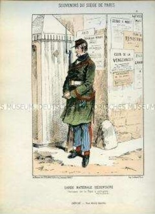 Karikatur, Freiwilliger der Sesshaften National-Garde am Wachhäuschen vor Aufruf-Plakaten, Frankreich 1870. Tafel 9 aus: Souvenirs du Siège de Paris. Les Défenseurs de la Capitale.