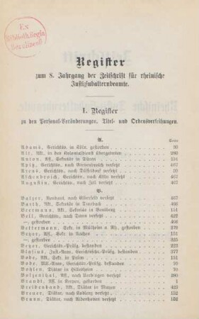 Register zum 8. Jahrgang der Zeitschrift für rheinische Justizsubalternbeamte