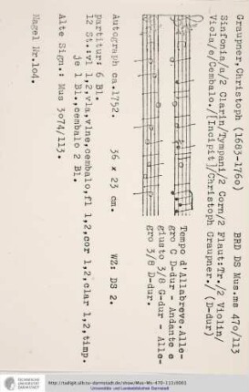 Sinfonia / a / 2 Clarin / Tympani / 2 Corn / 2 Flaut: Tr. / 2 Violin / Viola / e / Cembalo. / [Incipit] / Christoph Graupner.