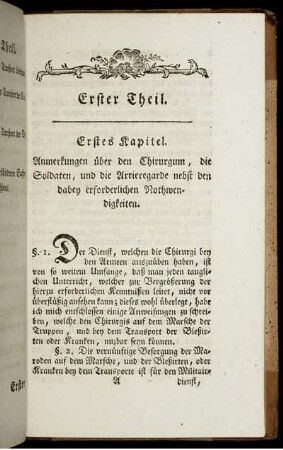 Erstes Kapitel. Anmerkungen über den Chirurgum, die Soldaten, un die Arrieregarde nebst den daby erforderlichen Nothwendigkeiten.