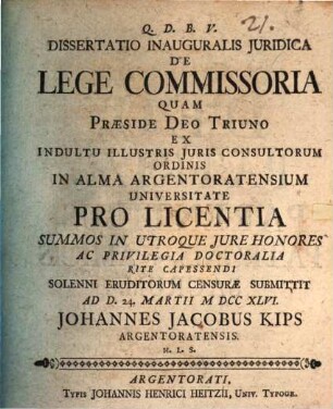 Diss. inaug. iur. de lege commissoria