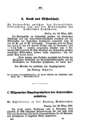 Schulferien in der Provinz Westpreußen : [C. Allgemeine Angelegenheiten der Unterrichtsanstalten]