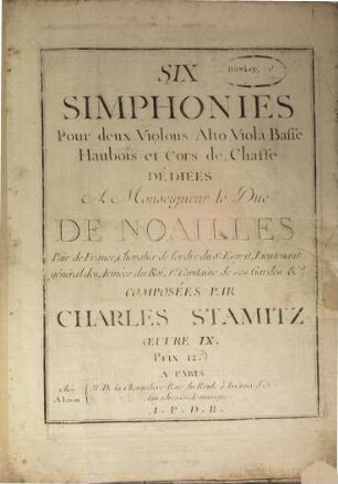 Six simphonies pour deux violons, alto viola, basse, haubois et cors de chasse : oeuvre IX