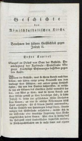 Geschichte der Römischkatholischen Kirche. Benehmen der höhern Geistlichkeit gegen Joseph II.