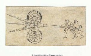 Dreiläufiges Kugelgeschütz, vorn mit Speeren bewehrt, nach links, von zwei Soldaten bedient