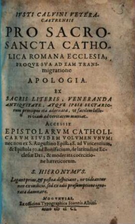 Pro sacrosancta catholica Romana ecclesia, proque sua ad eam transmigratione apologia