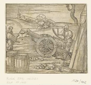Winkelmessung einer Kanone, Blatt aus: Walther Hermann Ryff’s "Architektur", Nürnberg 1547